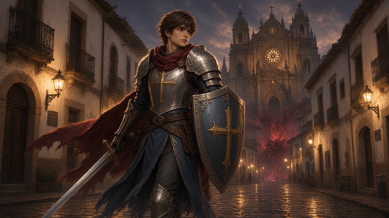 Joven paladín de armadura plateada con escudo de cruz en las calles de Angelópolis